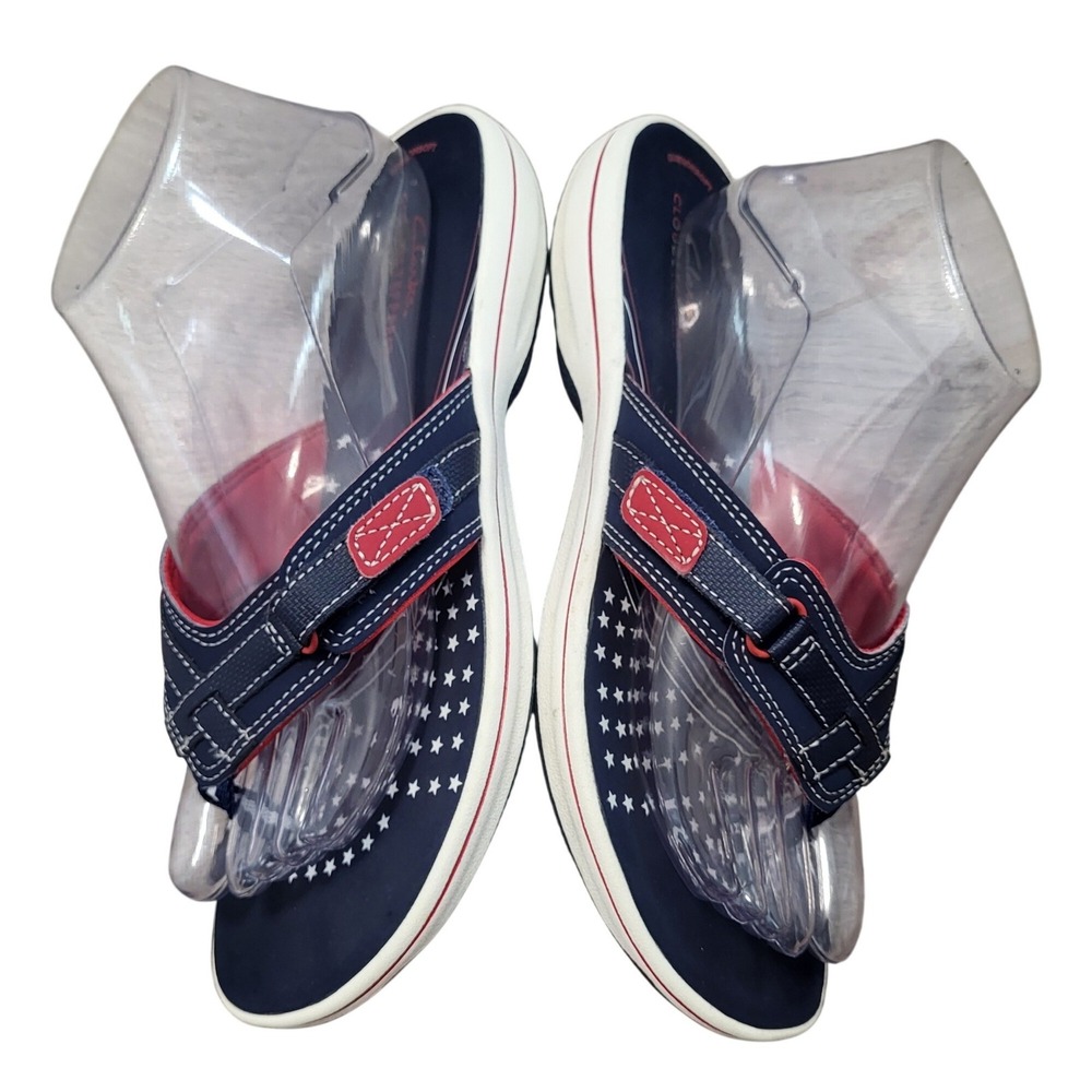 Clarks Cloudsteppers Breeze Navy Blue Star Patriotic Sandals Comfort Womens‎